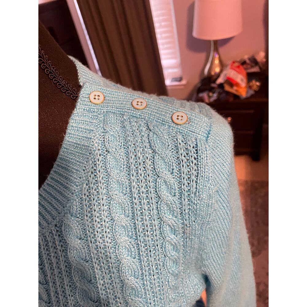 Talbots Cable Knit Sweater Women’s M Cerulean Blue Shoulder Button Pullover - Picture 4 of 4